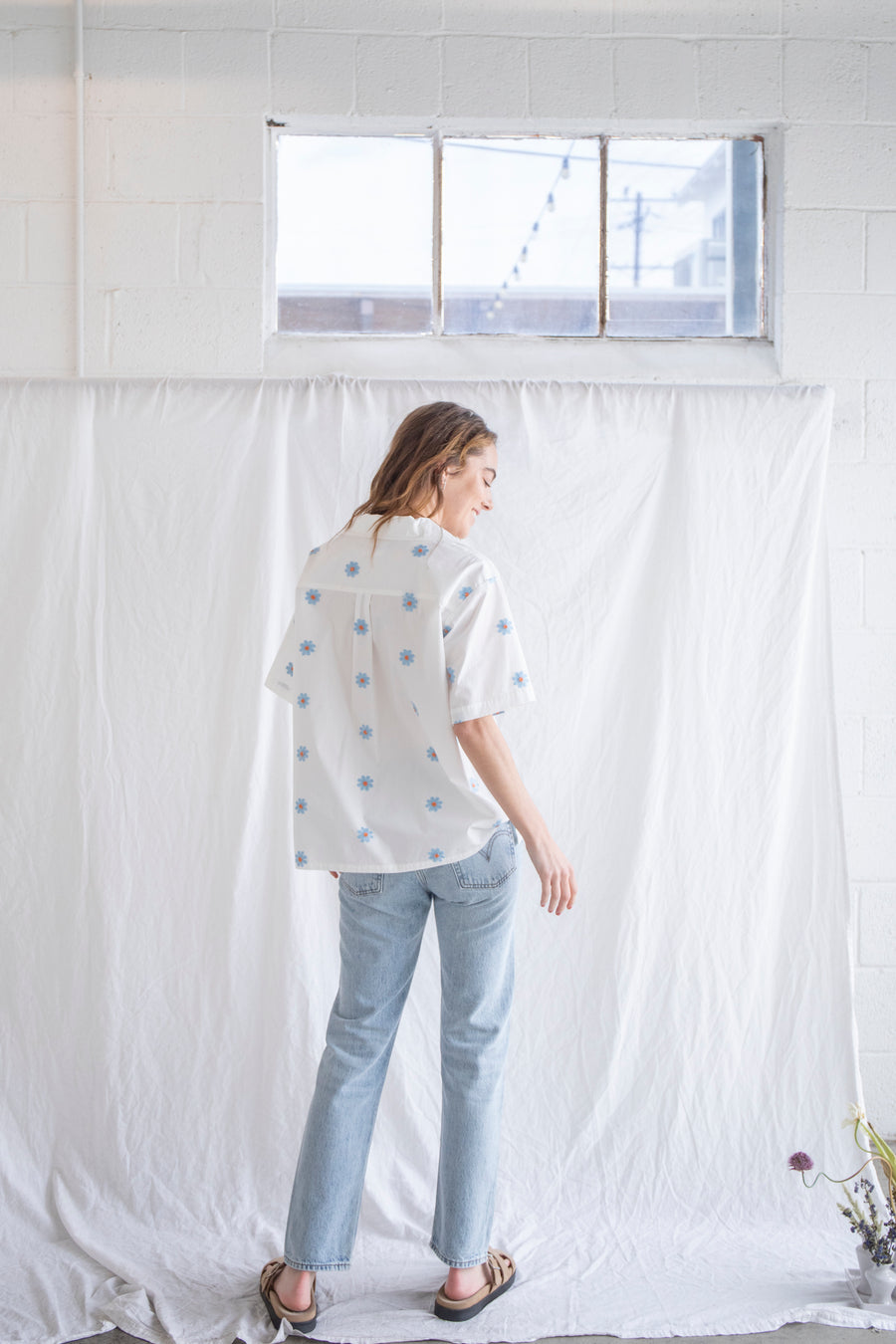 Embroidered Flower Button Down