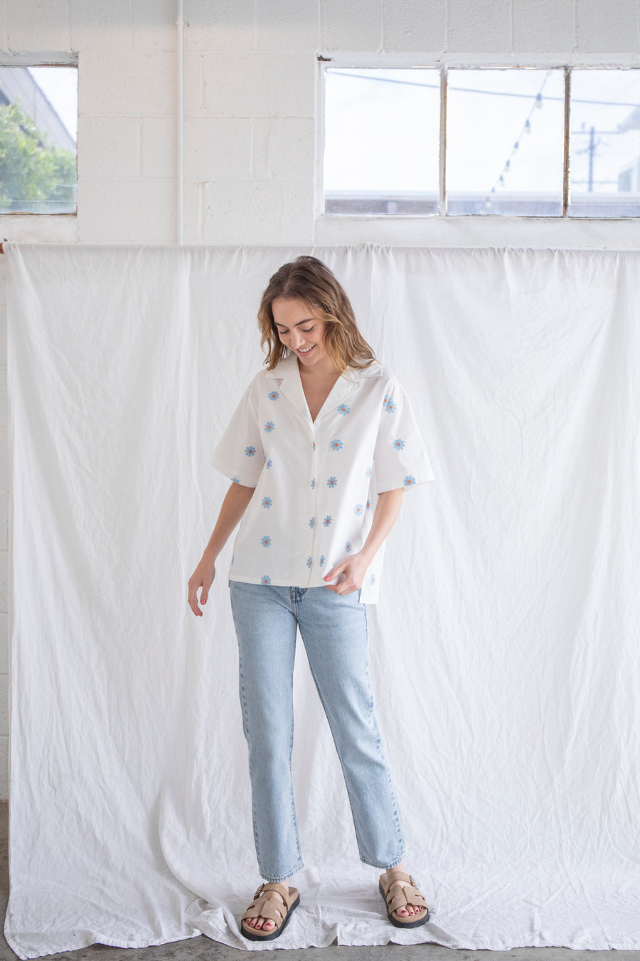 Embroidered Flower Button Down