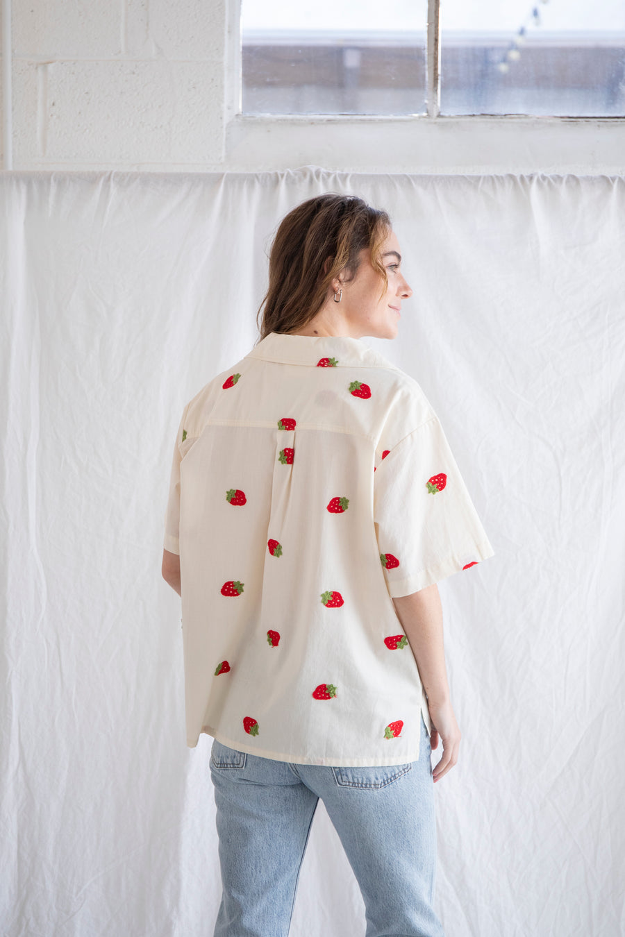 Embroidered Strawberry Button Down