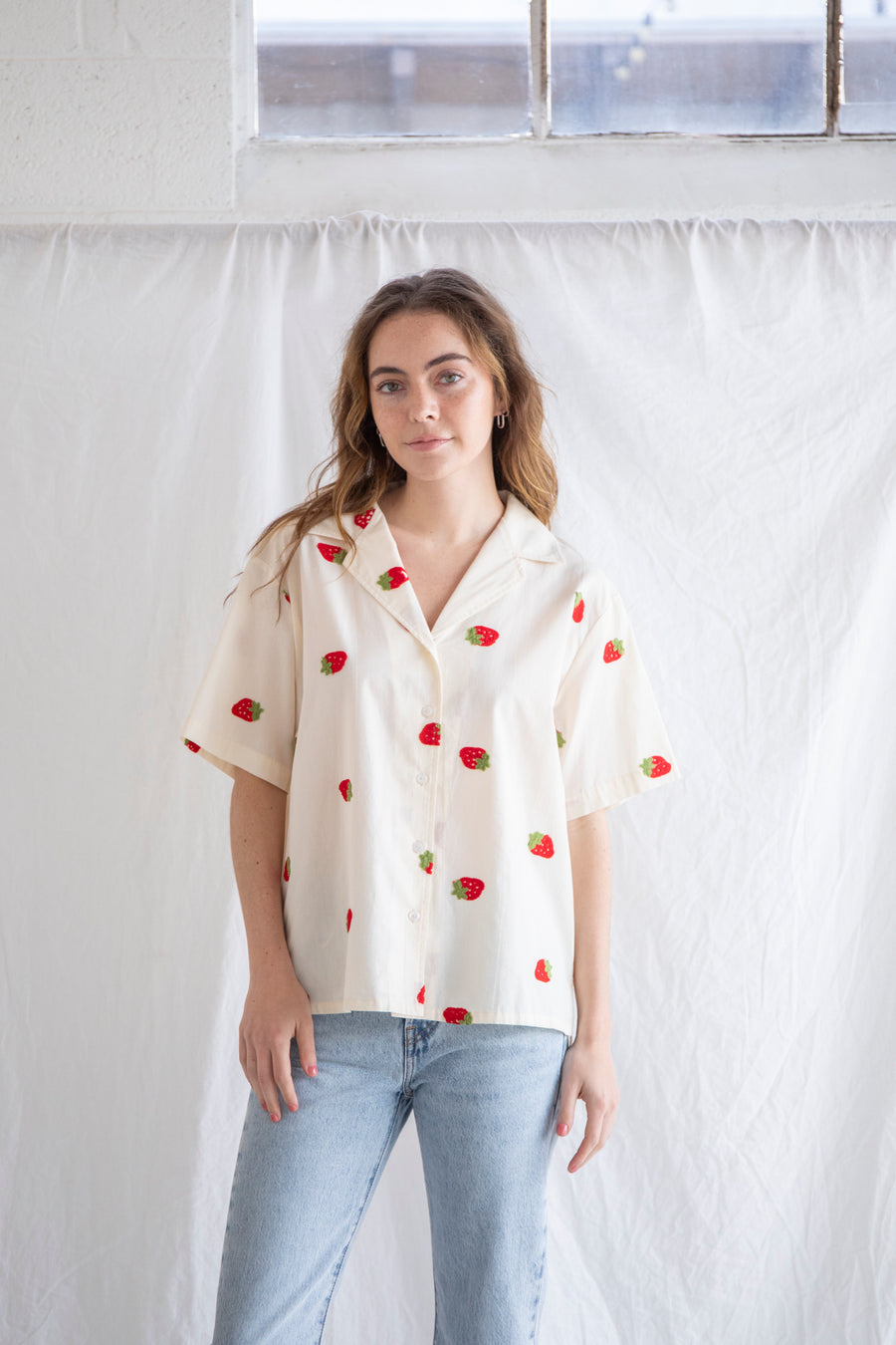 Embroidered Strawberry Button Down