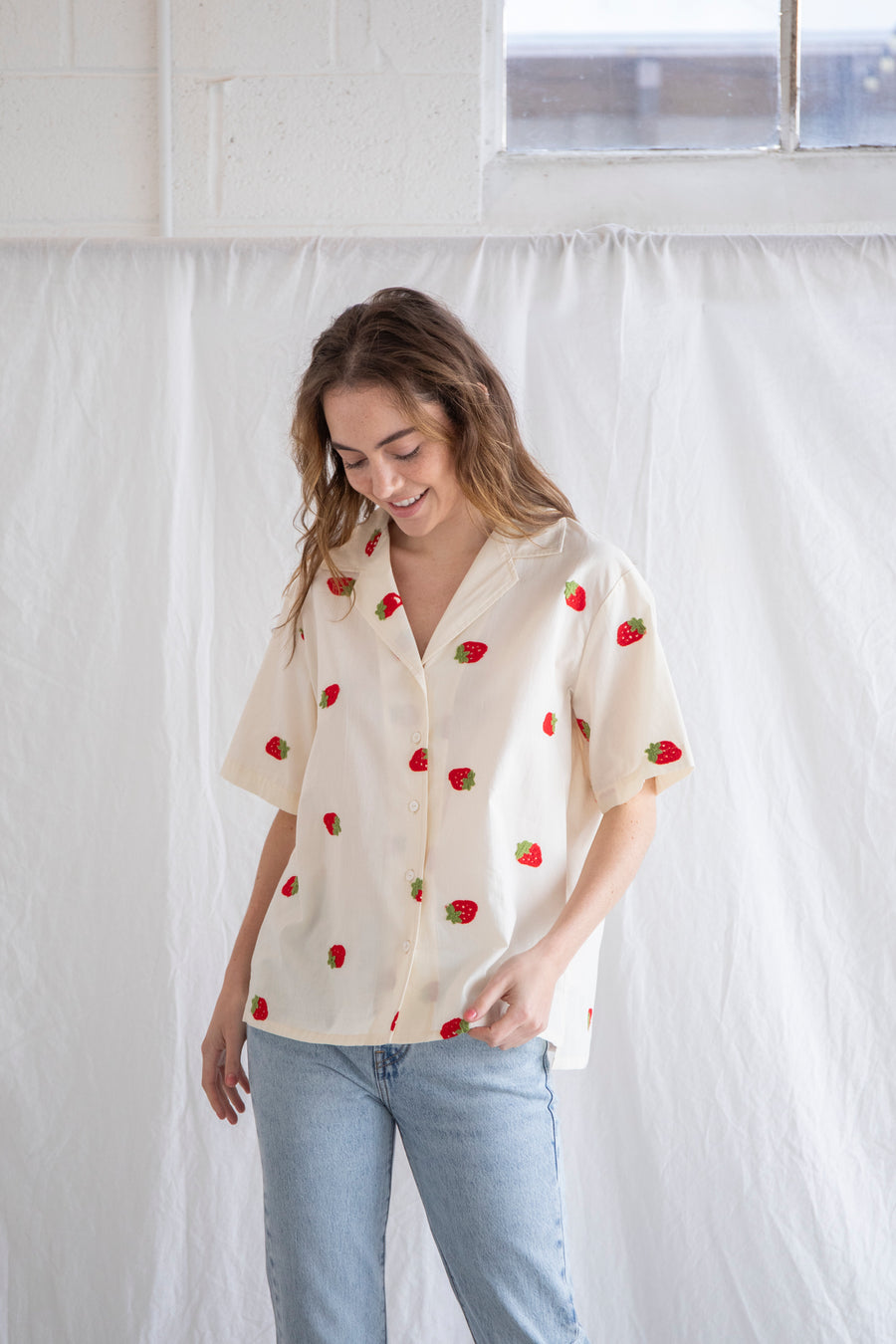 Embroidered Strawberry Button Down